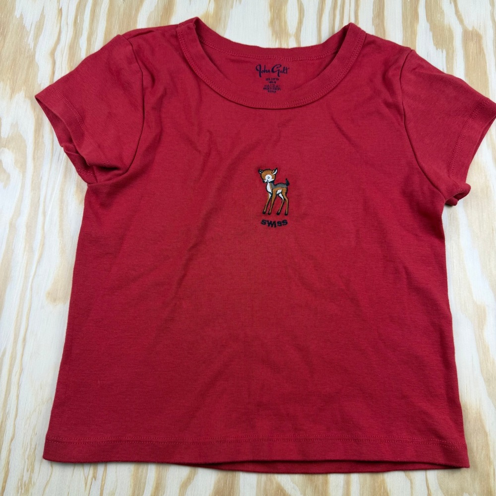 John Galt Brandy Melville Red Swiss Deer Embroidered Baby Tee Crop Top OS